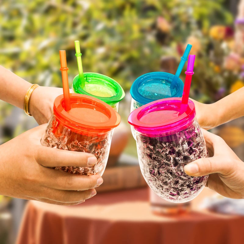 EASICOZI Cute Shape Frosty Freezer Ice Mugs with Straw Clear 11.8oz Set of 4(Red, green, blue and orange) (Oval) - Image 4